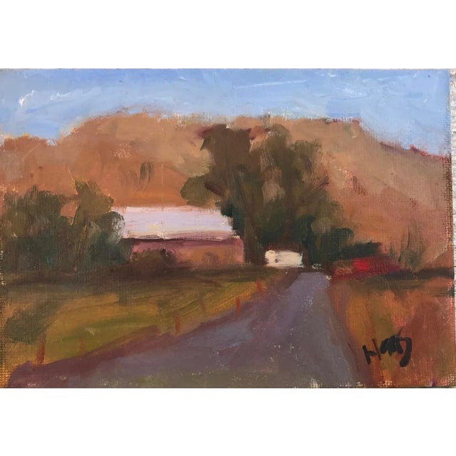 Textile Summer Barn, Minimalist Style Small Oil Painting, Plein Air Landscape For Sale - Image 7 of 7