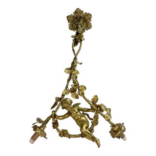 Antique Ornate Gilt Bronze Cherub Angel Putti Hanging Chandelier Fixture For Sale