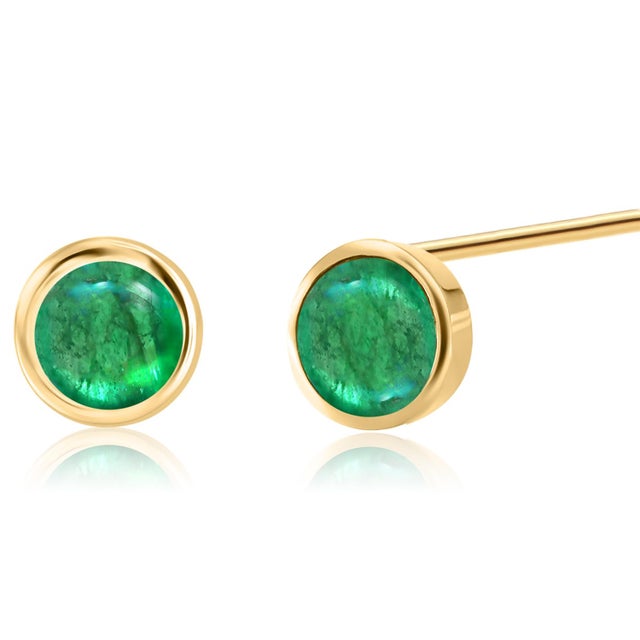 Matched Cabochon Emerald 1.15 Carat Bezel Set 14 Karat Yellow Gold Earrings - 2 Pieces For Sale - Image 4 of 5