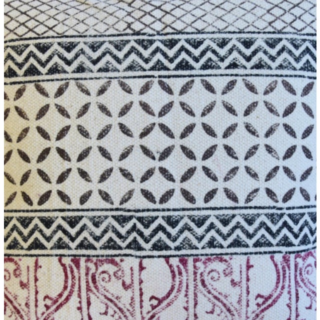 French Hand-Printed Red, White & Charcoal Cotton Feather /Down Pillow 19” Square For Sale - Image 4 of 8