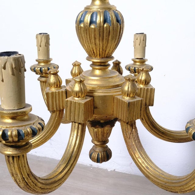 Blue Gilded Wood 6-Arm Chandelier, 1940s For Sale - Image 8 of 18