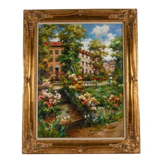 Early 20th Century Framed Signed Ganionet Garden Promenade Oil on Canvas For Sale