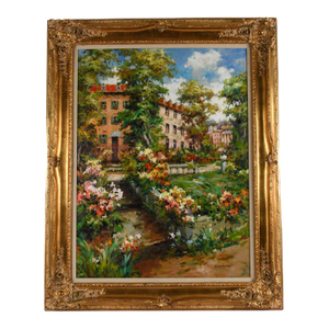 Early 20th Century Framed Signed Ganionet Garden Promenade Oil on Canvas