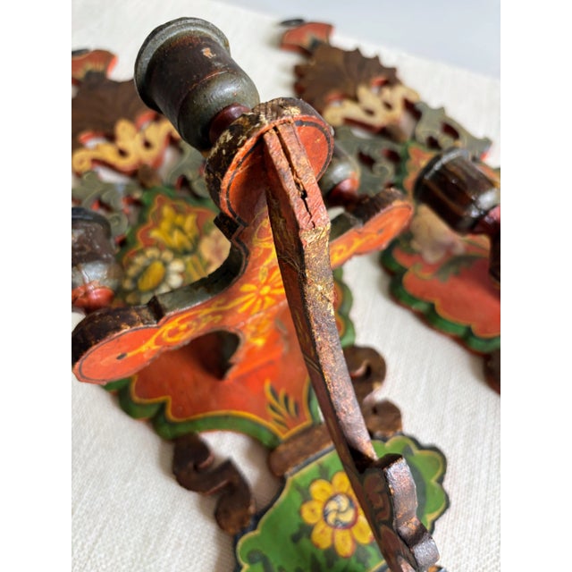 Wood Antique European Hand Painted Wood Folk Art Candle Sconces- a Pair For Sale - Image 7 of 17