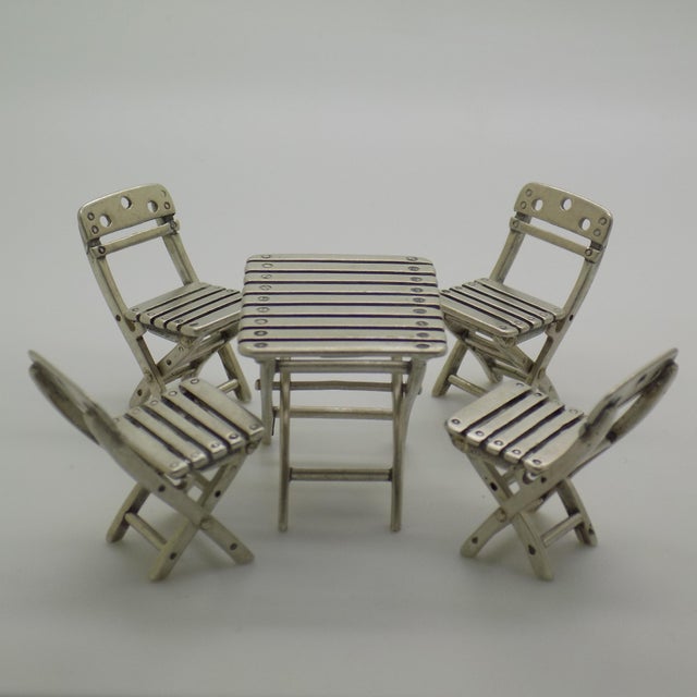1970s Vintage Italian Handmade Silver 800 Folding Garden Table and Chairs Dollhouse Set, Arezzo, 1970s, Set of 5 For Sale - Image 5 of 14