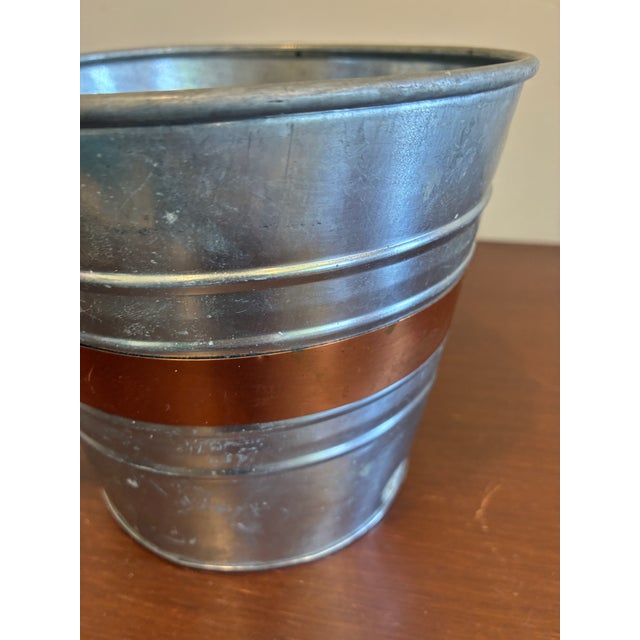 Mid 20th Century Vintage Metal Bucket With Copper Accent Band and Brass Handles For Sale - Image 5 of 9
