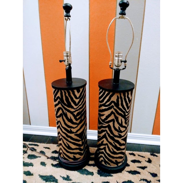 Zebra Print Wood Cylinder Black Tan Table Lamps a Pair Chairish