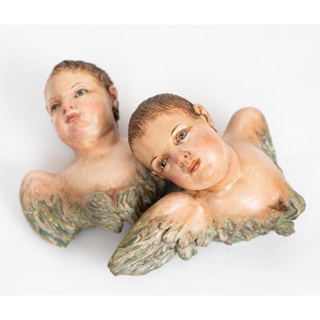 Antique Polychrome Wooden Winged Cherubs, Naples, 1800s, Set of 2 For Sale - Image 4 of 4