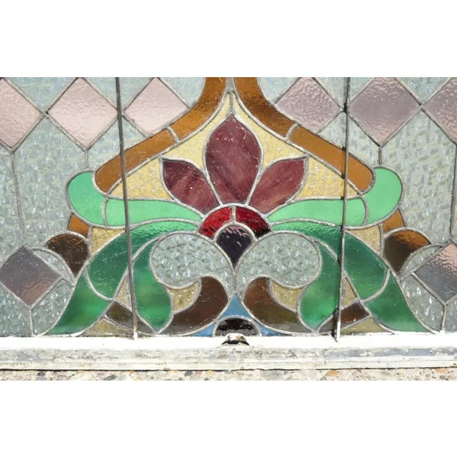 Wood Antique Art Nouveau Stained Glass Blue Green Orange Fleur De Lis Window For Sale - Image 7 of 11