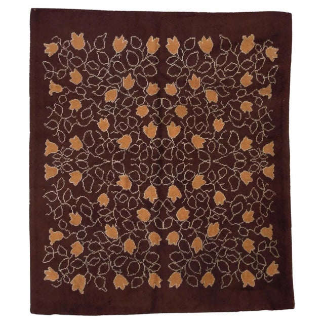 20th Century French Brown & Orange Floreal Square Rug, 1900s For Sale - Image 16 of 16