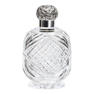 Stunning Edwardian Antique Cut Crystal Perfume Cologne Bottle Sterling Silver Lid Antique Luxury Home Vanity Dressing Table Décor For Sale