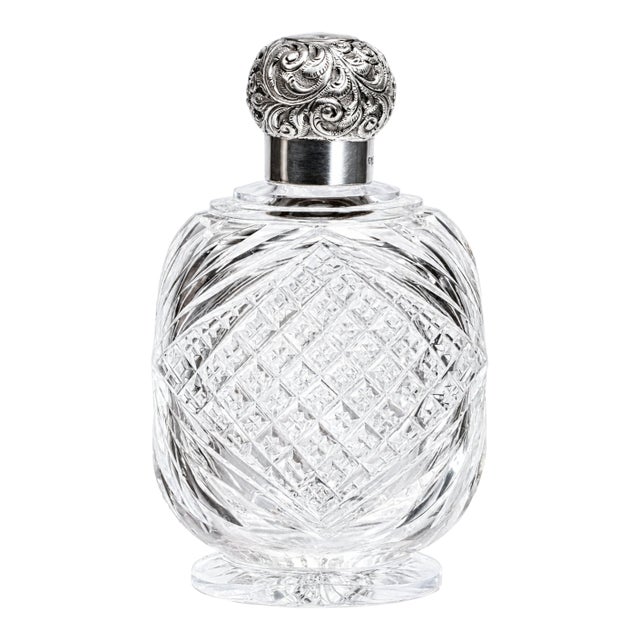 Stunning Edwardian Antique Cut Crystal Perfume Cologne Bottle Sterling Silver Lid Antique Luxury Home Vanity Dressing Table Décor For Sale