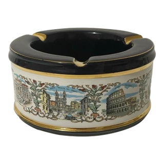 Vintage Italian Ceramic Ashtray by Oto Roma – Navy Blue With Gold Trim & Rome Landmarks For Sale