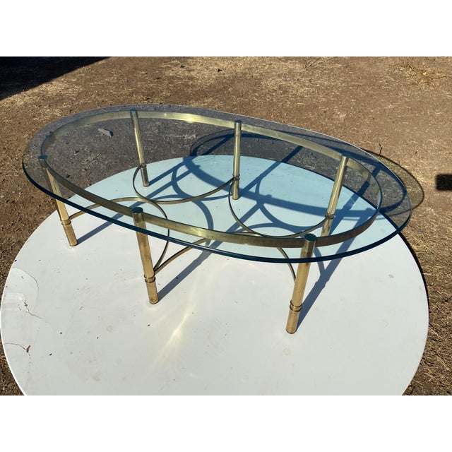 Hollywood Regency Vintage Mid Century Cocktail Labarge Style Brass and Glass Oval Coffee Table For Sale - Image 3 of 17
