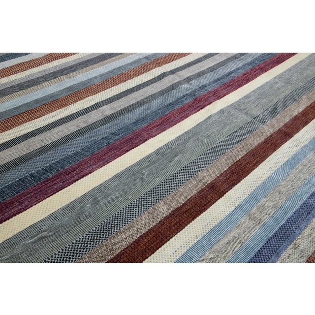 Striped Designed Modern Savannah Handmade Wool Rug in Gray For Sale - Image 12 of 12