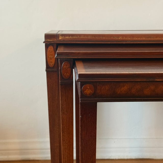 Federal Style Leather Top Nesting Tables in Mahogany With Marquetry by Weiman, Set of 3 For Sale - Image 9 of 11