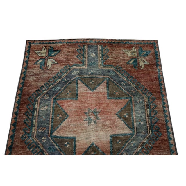 1960s Red & Blue Geometric Design Handwoven Wool Vintage Turkish Runner 3'3" X 9'9" For Sale - Image 4 of 6