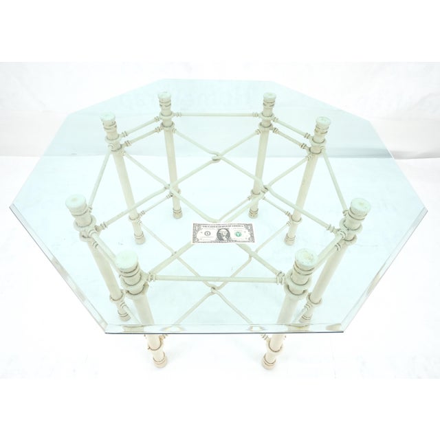 White Octagon Shape 3/4" Glass Top White Wrought Iron Base Dining Center Table For Sale - Image 8 of 9