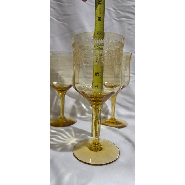 Mid 20th Century Vintage Yellow Depression Glass Wine/Water Glasses Set of 5 Etched For Sale - Image 5 of 5