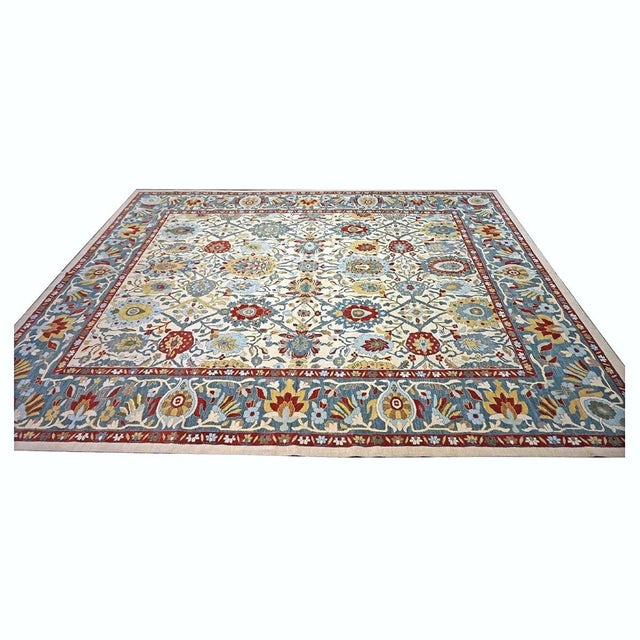 Afghan Sultanabad Wool 13x16 Ivory, Red & Light Blue Handmade Area Rug #1143763 For Sale In Houston - Image 6 of 12