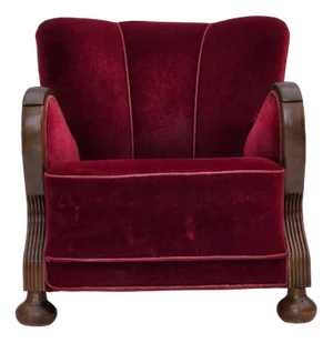 Danish Relax Armchair in Cherry-Red Furniture Velour & Dark Beech Wood, 1950s