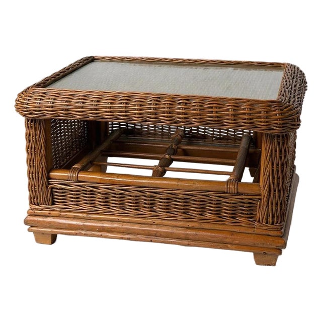 Mid-Century Coffee Table in Wicker Bamboo with Glass Top For Sale