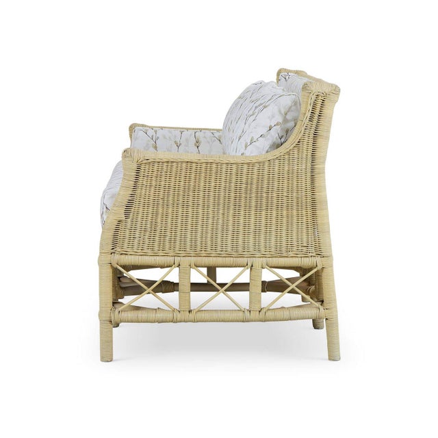 Wood Coastal Rattan Settee With Botanical Upholstery For Sale - Image 7 of 10