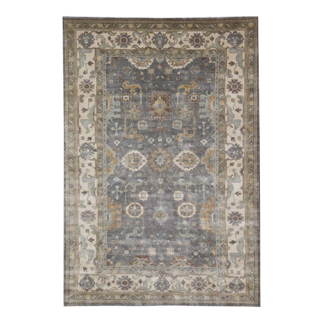 Indian Wool Floral Oushak Area Rug Hand-Knotted in Earthy Tones For Sale
