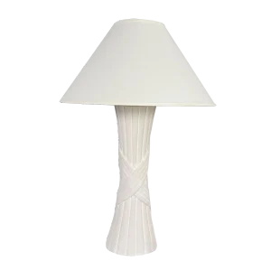 Vintage Modern White Plaster Faux Rattan Design Table Lamp With Coolie Shade by Sunset Lamp Corp