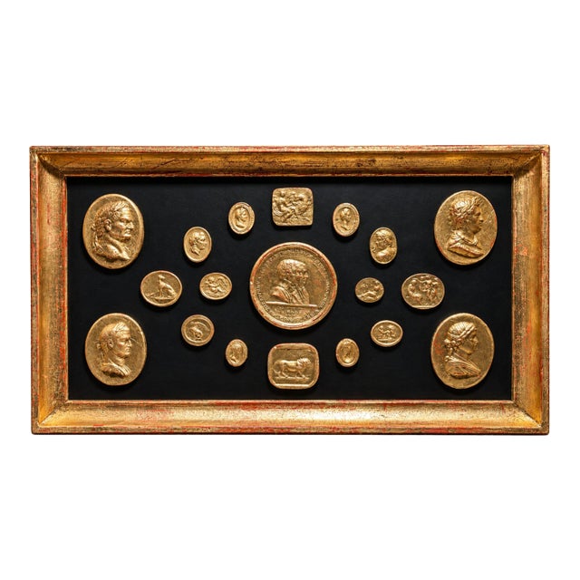 Vintage Classical Grand Tour Gilded Cameo Intaglio Arrangement in Giltwood Frame For Sale
