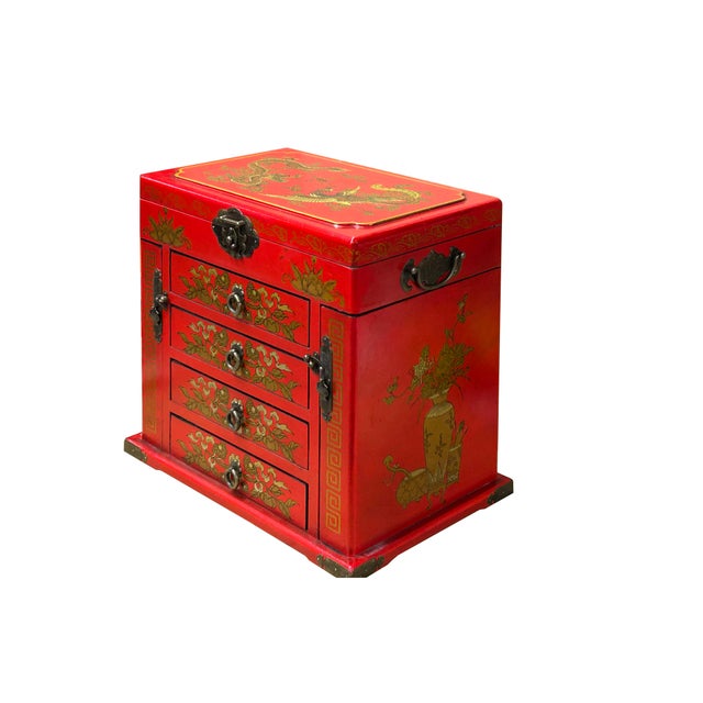 Chinese Oriental Red Dragon Phoenix Mirror Rectangular Jewelry Box For Sale - Image 11 of 13