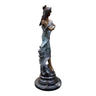 Bronze Statue Young Lady With Bouquet of Flowers For Sale