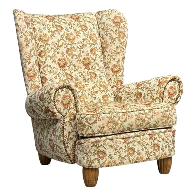 Danish Cabinetmaker, Large Wingback Chair, Floral Fabric, Wood, Denmark, 1950s For Sale