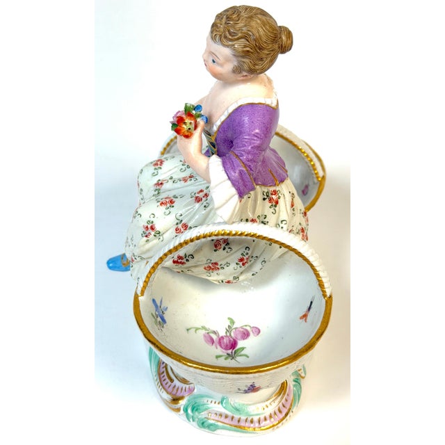 Meissen Rococo Figural Sweetmeat Dish Seated Maiden with Twin Floral Baskets For Sale - Image 13 of 13