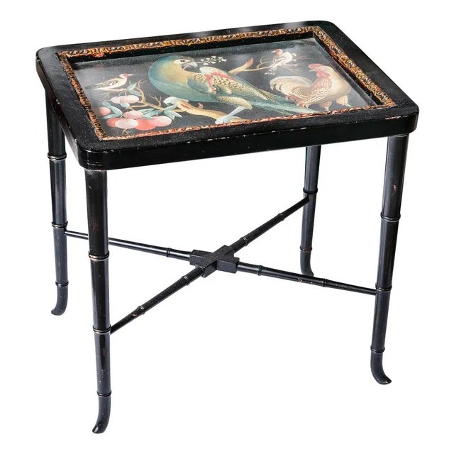 Just in! This wonderful French pair of Hollywood Regency Style, Painted Black with Faux Bamboo Drinks tables with painted...