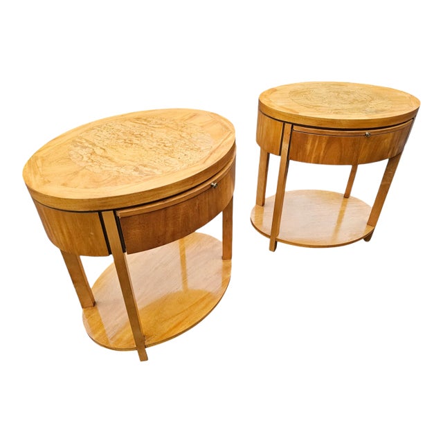 Late 20th Century Charles Pfister for Baker Furniture Primavera and Burl Oval Nightstands - a Pair For Sale