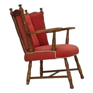 Scandinavian Armchair in Red Wool and Beech, 1960s For Sale