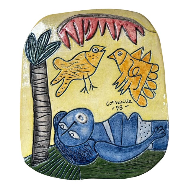 Glazed Ceramic Plate with Woman & Birds by Corneille, 1998 For Sale