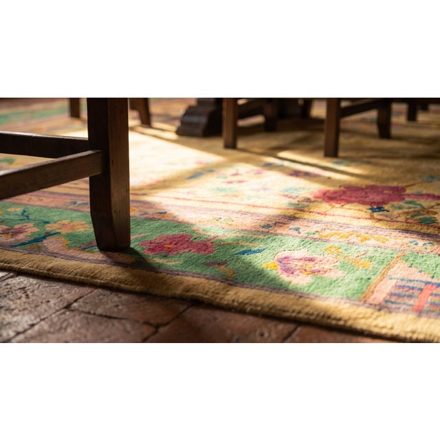 Lovely Beige Background With Colorful Border Floral Asymmetric Patterns Antique Chinese Art Deco Rug For Sale - Image 9 of 10