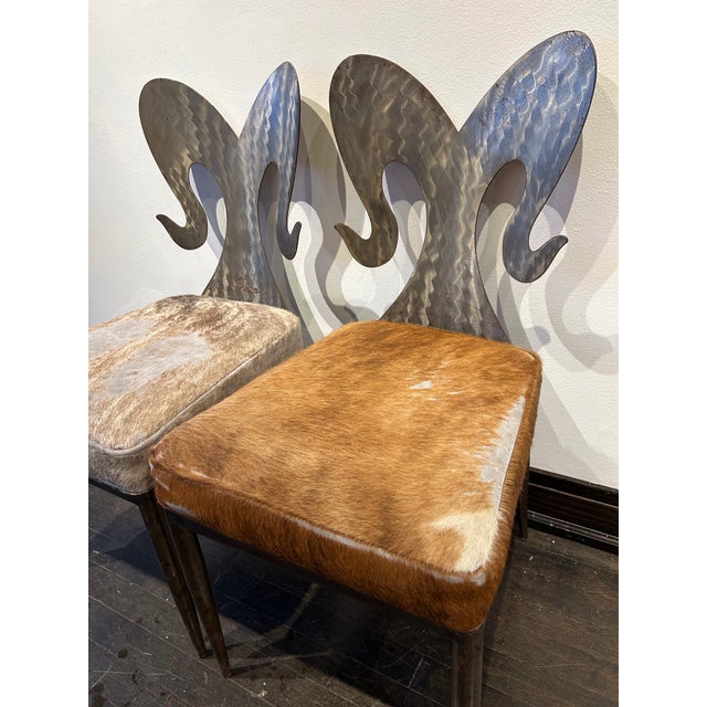 1990s 1990s Custom Steel Ram Back Pair of Accent Chairs Upholstered in Cowhide For Sale - Image 5 of 9