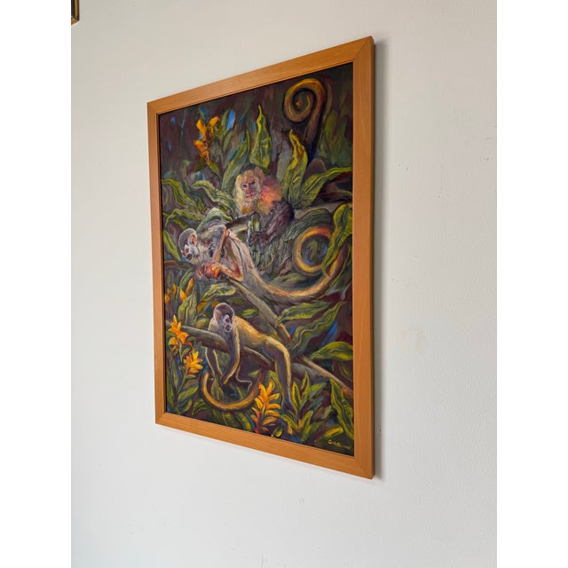2001 Carlotta Colorful Jungle Wildlife Scene Oil on Board Painting, Signed For Sale - Image 4 of 12