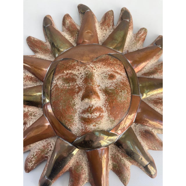 Mid-Century Modern Vintage Celestial Brass, Copper & Pottery Sun Face Wall Hanging For Sale - Image 3 of 7