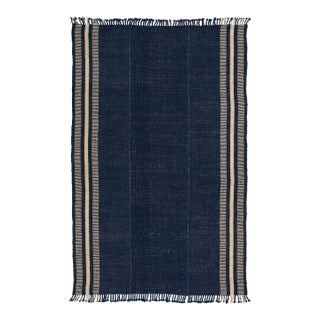 Modern Kilim Style Wool Rug – Hand-Knotted Indigo Blue & Cream Striped Flatweave For Sale