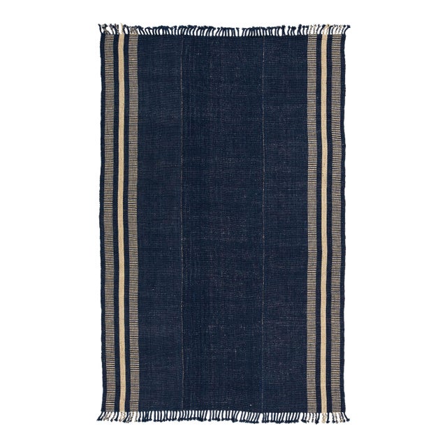 Modern Kilim Style Wool Rug – Hand-Knotted Indigo Blue & Cream Striped Flatweave For Sale