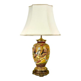 Vintage Hand Painted Japanese Satsuma Moriage Ironstone Table Lamp With Raised Relief Dragon For Sale