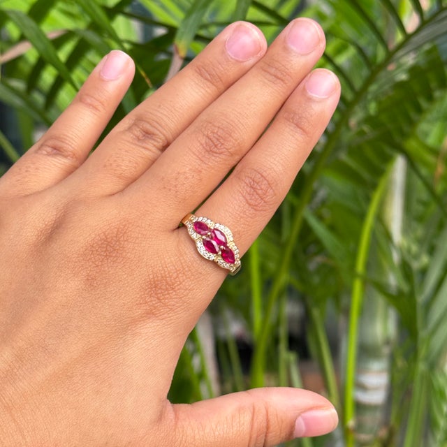 Vintage Inspired Cluster Ruby Diamond Cocktail Ring Size 5.5 in 14k Yellow Gold For Sale - Image 10 of 17