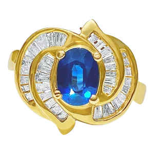 Vintage Blue Sapphire and Baguette Cut Diamond Cocktail 14k Gold Ring Size 6