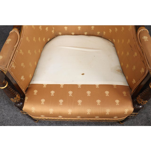 Brown Pair Louis XVI Style Carved With Gilt Accent Wing Back Bergère Chairs For Sale - Image 8 of 15