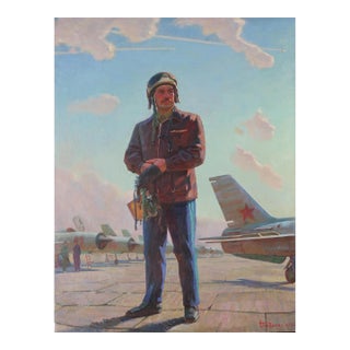 Antique Oil Painting: Pilot Portrait, Art (1970) For Sale