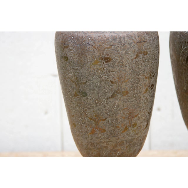 Sculpture Materials Pair of Midcentury Brass Engraved Vessels For Sale - Image 7 of 10